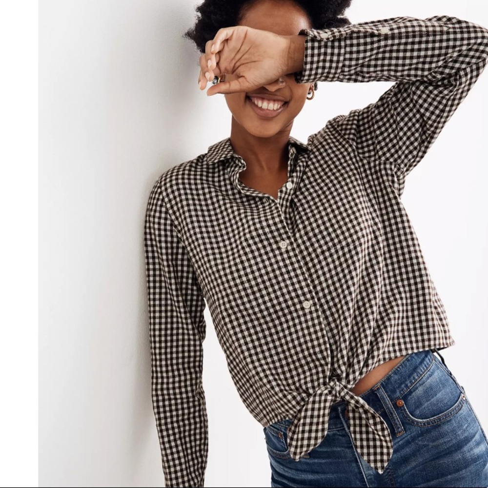 Flannel Tie-Front Shirt in Gingham Check